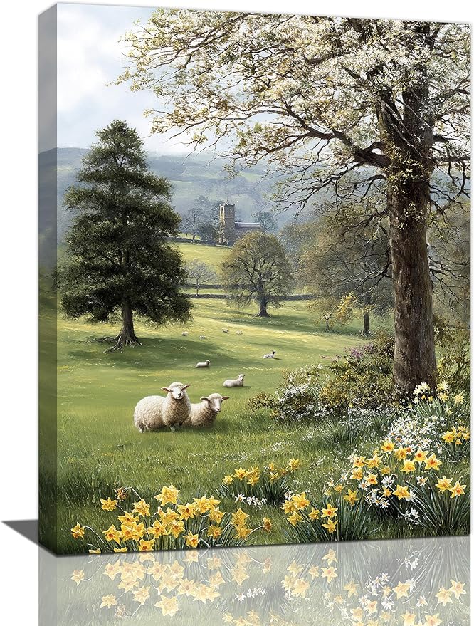 Country Sheep Canvas Wall Decor Farmhouse Rustic Lamb Wildflower Wall Art Nature Countryside Landscape Pictures Painting Print Framed Artwork Decorations for Bathroom Living Room Bedroom 12"x16"-PawvioPets