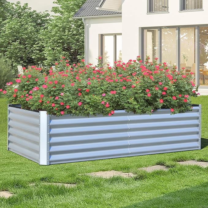 Domi Raised Garden Beds Outdoor, 6x3x1.5Ft Thickening Tall Metal Rectangular Deep Root Box Planter for Vegetables, Flowers, Herbs, and Succulents 1.5" Deep w/ 192 Gallon Capacity - Silvery-PawvioPets