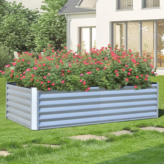 Domi Raised Garden Beds Outdoor, 6x3x1.5Ft Thickening Tall Metal Rectangular Deep Root Box Planter for Vegetables, Flowers, Herbs, and Succulents 1.5" Deep w/ 192 Gallon Capacity - Silvery-PawvioPets