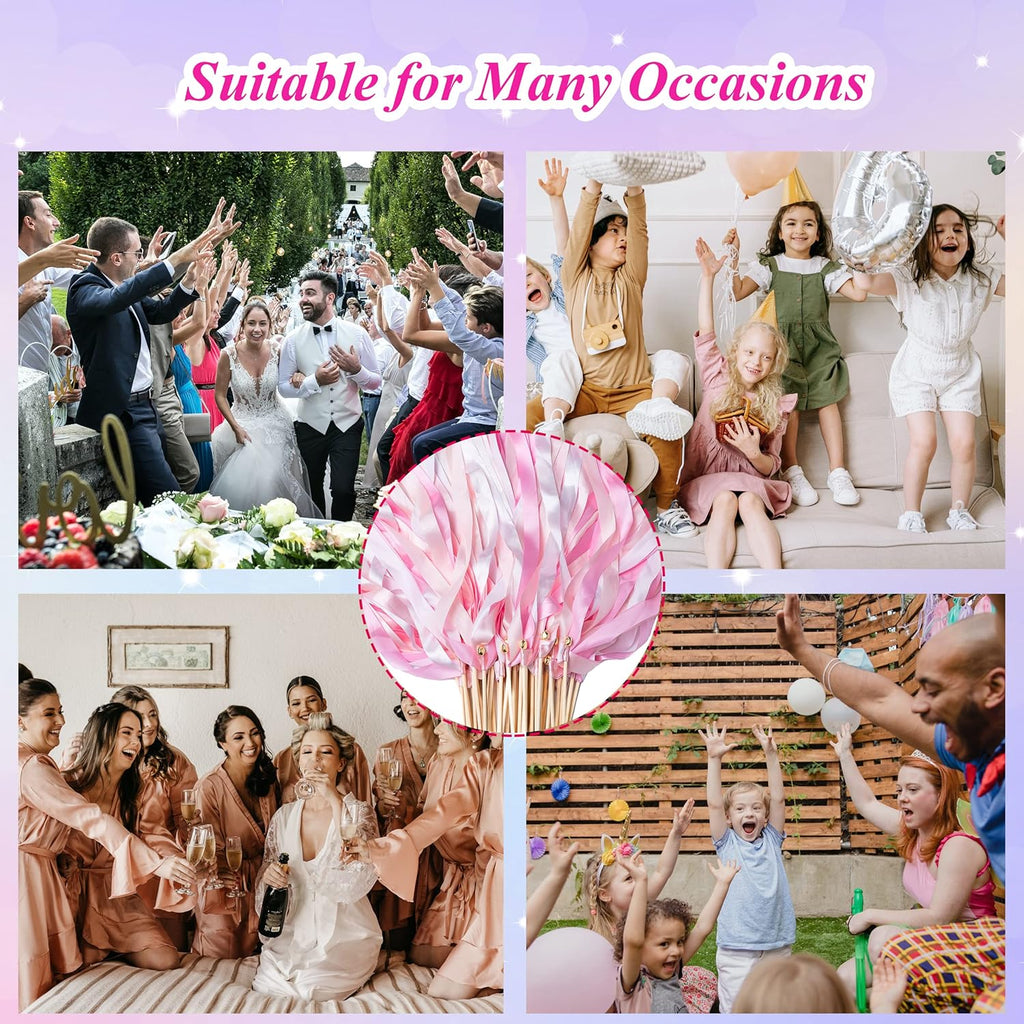 60 Pieces Wedding Colorful Ribbon with Bells, Party Ribbons Streamers Sticks Magic Wish Fairy Wand for Wedding Party Holiday Activities Favors (Pink-100)