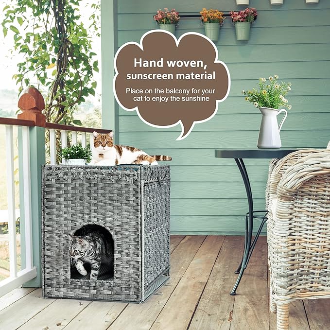 Cat Litter Box Enclosure with Soft Litter Mat; Hidden Kitten Washroom Furniture with Door; Handwoven Rattan Cat House with Large Space; Pet Crate for Living Room, Bedroom, Balcony (Grey)-PawvioPets