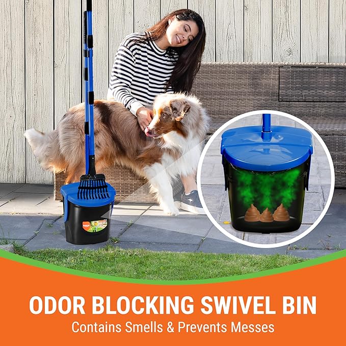 Dog Pooper Scooper with Bag Attachment, 40" Long Handle Pooper Scooper for Large Dogs, Dog Poop Scoop for Yard, Large Capacity Swivel Bin and Rake, Lavender Scented Bags (Blue)-PawvioPets