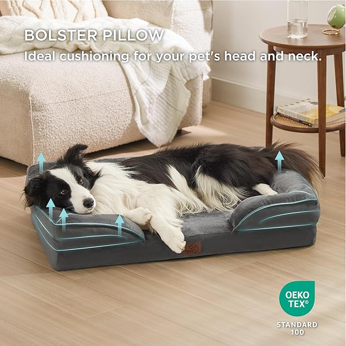 Bedsure Orthopedic Dog Beds Large Sized Dog - Washable Large Dog Cat Bed Waterproof, Comfort Dogs Couch Sofa with Washable Removable Cover, Pet Bed with Nonskid Bottom, Dark Grey, 35"-PawvioPets