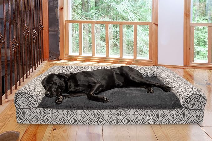 Furhaven Orthopedic Dog Bed for Large Dogs w/ Removable Bolsters & Washable Cover, For Dogs Up to 125 lbs - Plush & Southwest Kilim Woven Decor Sofa - Boulder Gray, Jumbo Plus/XXL-PawvioPets