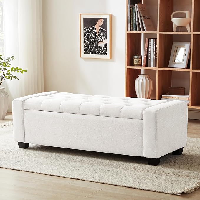 48" Ottoman with Storage, White Storage Ottoman Bench with Safety Hinge, Upholstered Entryway Bench with Seating for Bedroom, Living Room, Holds up to 330 lb-PawvioPets