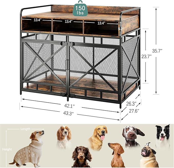 Dog Crate Furniture, 43" Heavy Duty Wooden Dog Crate End Table, XL Dog Kennel Furniture Large Breed, Decorative Dog Kenne Indoor with 3 Drawers & Steel Tubes 43" L x28 W x36 H (Rustic Brown)-PawvioPets