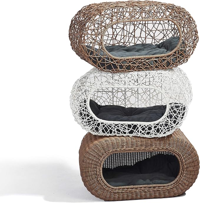 D+GARDEN Fun Stackable White Cat Condo for Indoor Cats - Interactive Play Rattan Modern Cat House for Indoor Cats Kitty, Pet Friendly Top/Side House Entry, Cat Bed Enclosed-PawvioPets
