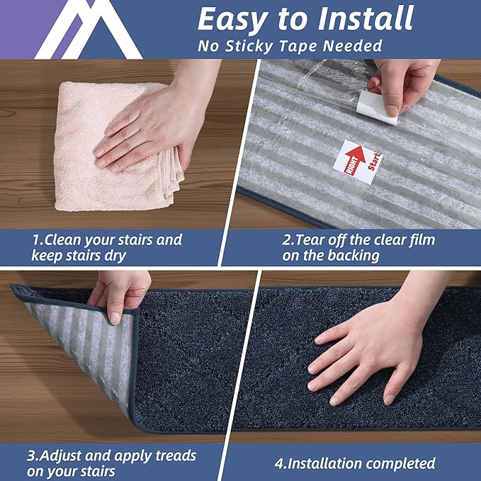 COSY HOMEER Edging Stair Treads Non-Slip Carpet Mat 28inX9in Indoor Stair Runners for Wooden Steps, Edging Stair Rugs for Kids and Dogs, 100% Polyester TPE Backing (15pc, Navy)-PawvioPets