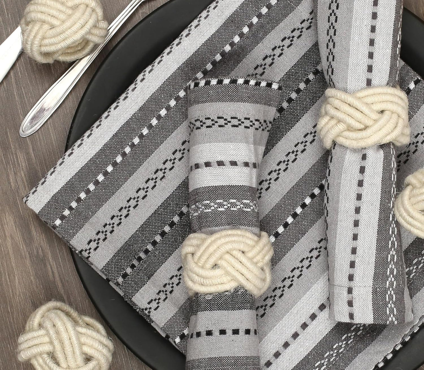 Farmhouse Napkin Ring Set of 12 - Handwoven Cotton & Jute Knot Design for Table Decor, Weddings, Dinner Parties & Everyday Dining - Decorative Adornment for Table Setting (Off White) - CLEENTABLE