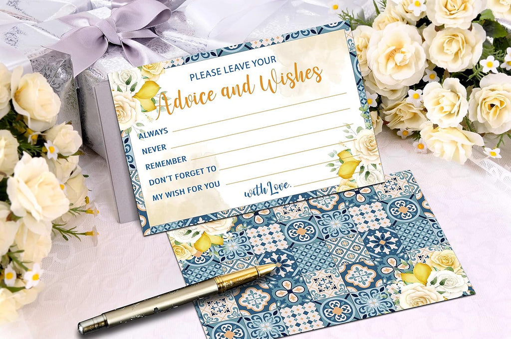 Mediterranean Lemon Advice and Wishes Cards, 25 Pcs Italian Blue Tiles Double Sided Advice Cards for The Bride and Groom, Mr and Mrs, Bride Shower, Wedding Reception, Engagement Party(01)