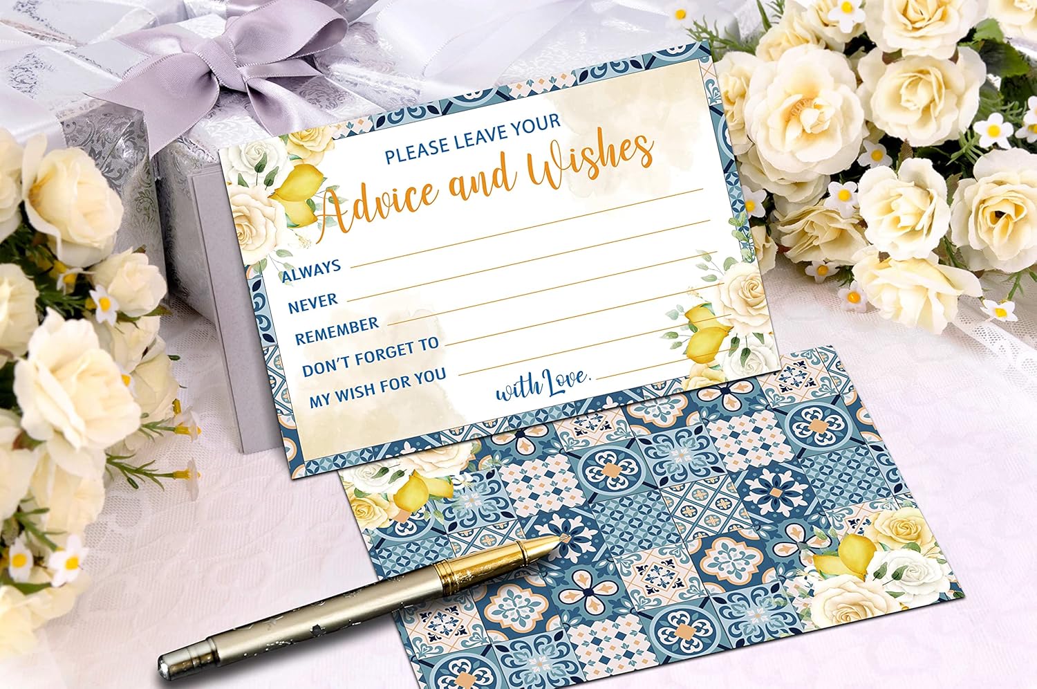Mediterranean Lemon Advice and Wishes Cards, 25 Pcs Italian Blue Tiles Double Sided Advice Cards for The Bride and Groom, Mr and Mrs, Bride Shower, Wedding Reception, Engagement Party(01)