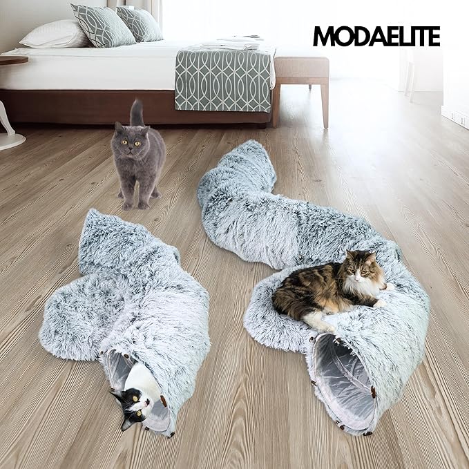 Cat Donut Bed with Washable Cushion – Cat Caves for Indoor Cats – Collapsible Donut Bed with Peekaboo Pet Tunnel & Tunnel Toy – Cozy Hideout for Kittens, Ferrets, Rabbits & Dogs – Grey-PawvioPets