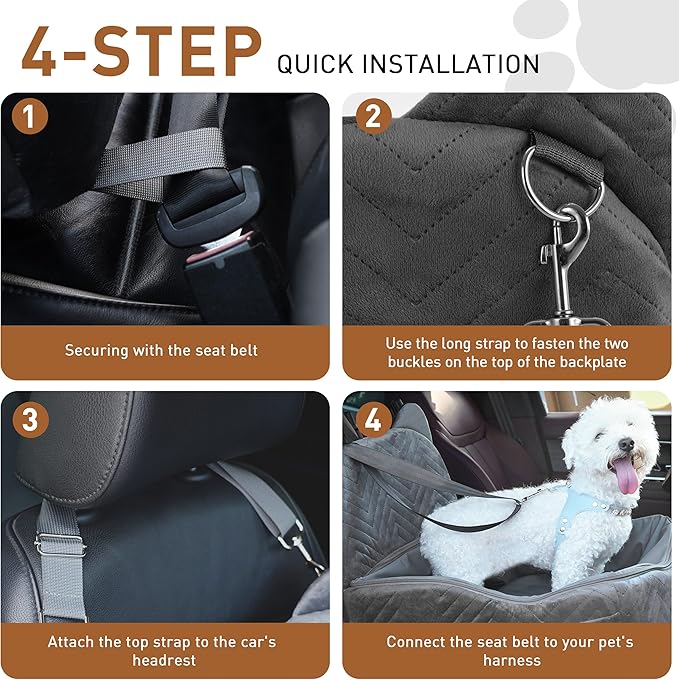 Dog Car Seat Booster with Waterproof Cover, Memory Foam, Small/Medium Dog Bed for Car Back Seat for Travel, Grey, 2 Safety Belt-PawvioPets