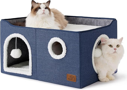 Bedsure Large Cat Beds for Indoor Cats - Extra Wide Cat Cube House for Small Pet with Fluffy Ball Hanging and Scratch Pad, Foldable Pet Cave Hideaway for Multiple Cats, 23.6x16.9x13 inches, Blue-PawvioPets