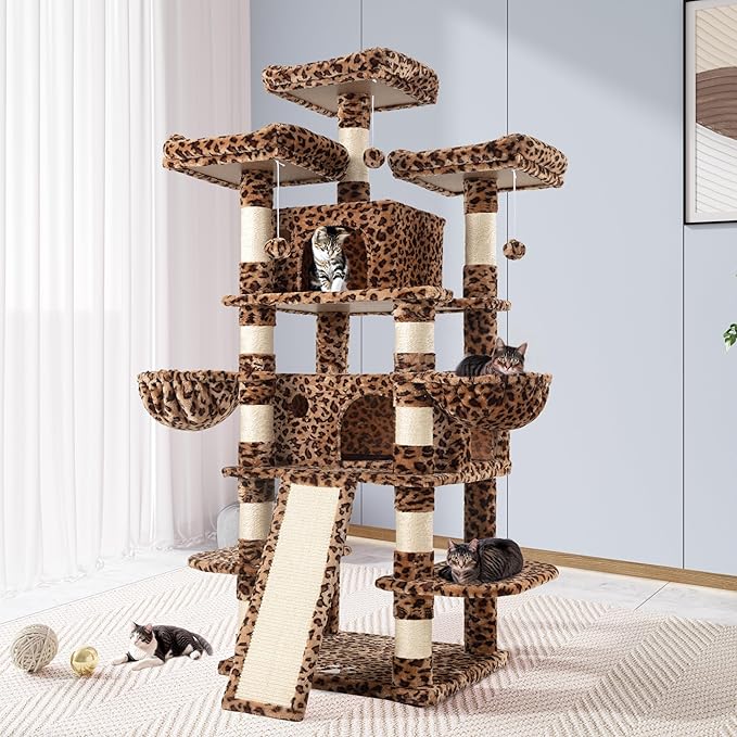 Allewie 68 Inches Cat Tree/House and Towers for Big Feline/Scratching Post/Multi-Level Large Kitty Climbing Tree with Condo/Leopard Print-PawvioPets