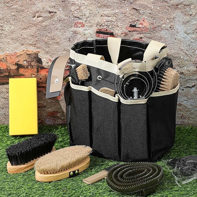 Abbylike 12 Pieces Horse Grooming Kit with Organizer Tote Bag Tack Room Supplies Horse Brush Sets Equine Care Cleaning Kit Shedding Grooming Massaging Tools(Khaki)-PawvioPets