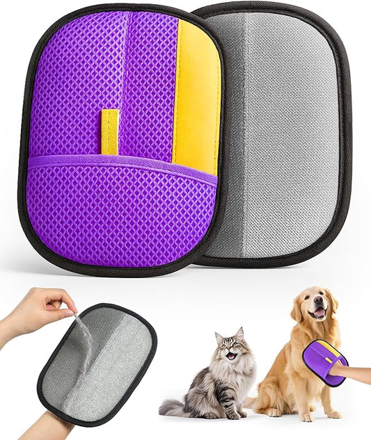 2025 Thickened Electrostatic Pet Hair Removal Gloves (2 Pcs) - Reusable Strong Grooming Gloves for Cats & Dogs, Hair Remover for Couch, Furniture, Carpet, Car Seats & Clothing (Purple)-PawvioPets