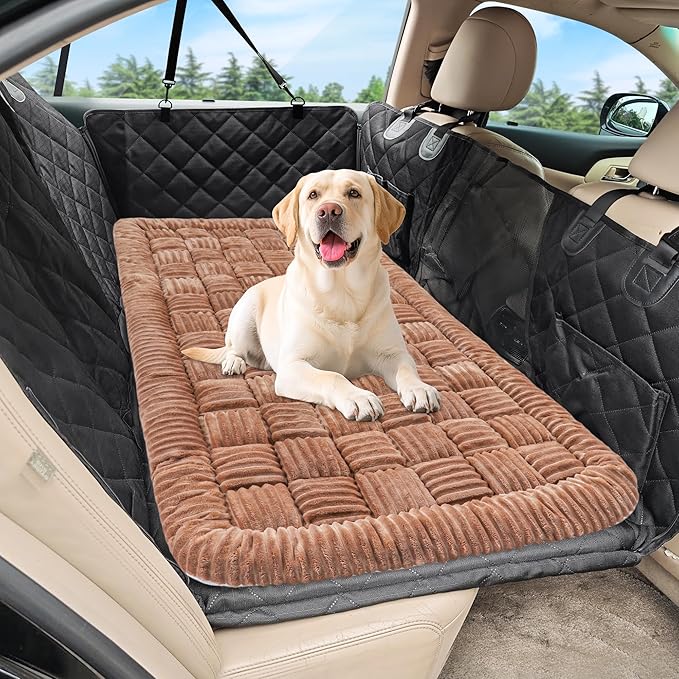 Dog Car Bed Mat, Non-Slip Backseat Extender Pet Blanket, Plaid Dog Bed for Trucks, Sedans & Large SUVs, Chew-Resistant Travel Pad for Dogs, Easy Clean & Scratch-Proof & Comfort（56"x28.7" Brown-PawvioPets