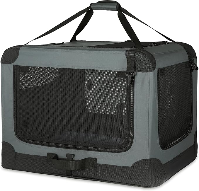 Amazon Basics 4-Doors Portable Soft-Sided Folding Travel Crate Kennel for cat, Dog, and Other Small Animals, Grey, L 36" x 24" x 24"-PawvioPets
