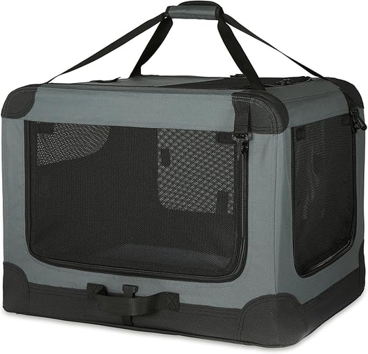 Amazon Basics 4-Doors Portable Soft-Sided Folding Travel Crate Kennel for cat, Dog, and Other Small Animals, Grey, L 36" x 24" x 24"-PawvioPets