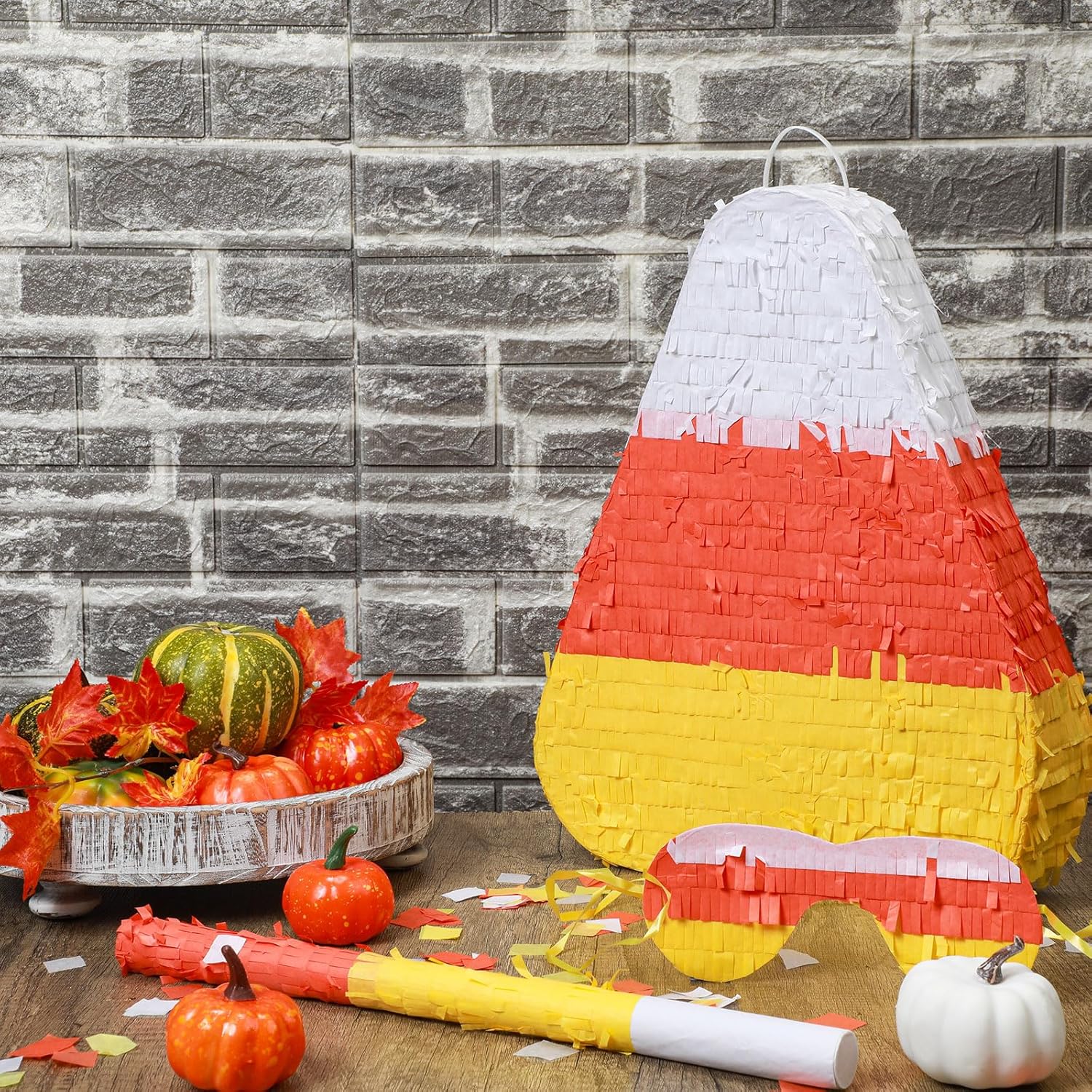 Lenwen Halloween Candy Corn Piñata Halloween Large Piñata with Stick Blindfold and Confetti Party Decorations for Birthday Game Halloween Themed Party Decoration