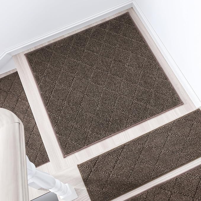 COSY HOMEER Edging Stair Treads Non-Slip Corner Indoor Stair Runners for Wooden Steps,Landing Slip Resistant Stair Rugs Mat for Kids and Dogs,100% Polyester TPE Backing,Brown,30x30 inch-PawvioPets