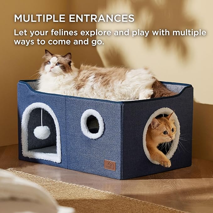 Bedsure Large Cat Beds for Indoor Cats - Extra Wide Cat Cube House for Small Pet with Fluffy Ball Hanging and Scratch Pad, Foldable Pet Cave Hideaway for Multiple Cats, 23.6x16.9x13 inches, Blue-PawvioPets