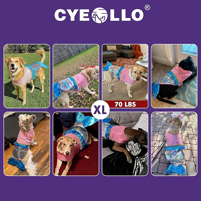 cyeollo Dog Costumes for Large Dogs Sparkly Mermaid Cosplay Clothes Pet Costme Birthday Party Outfit Dog Halloween Costumes Size XL-PawvioPets