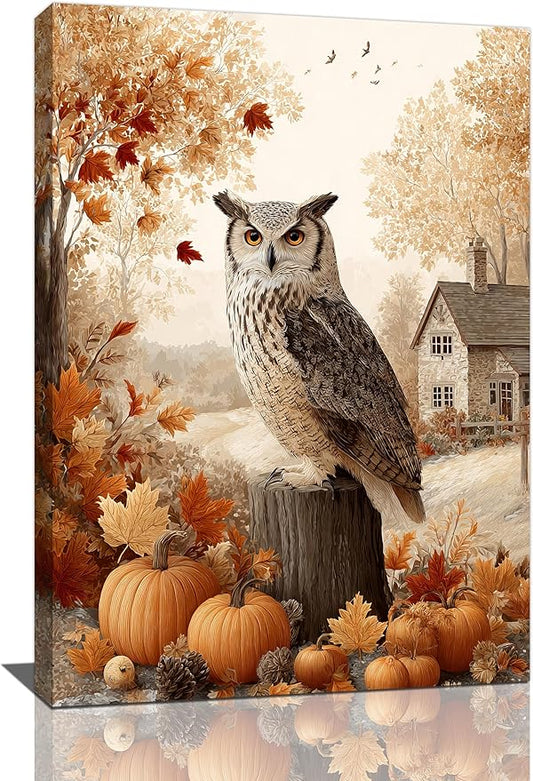 Fall Owl Wall Art Autumn Pumpkin Leaves Wall Decor Rustic Canvas Print Farmhouse Pictures Painting Print Framed Artwork Decorations Gifts for Living Room Bathroom Bedroom Office 16"x24"-PawvioPets