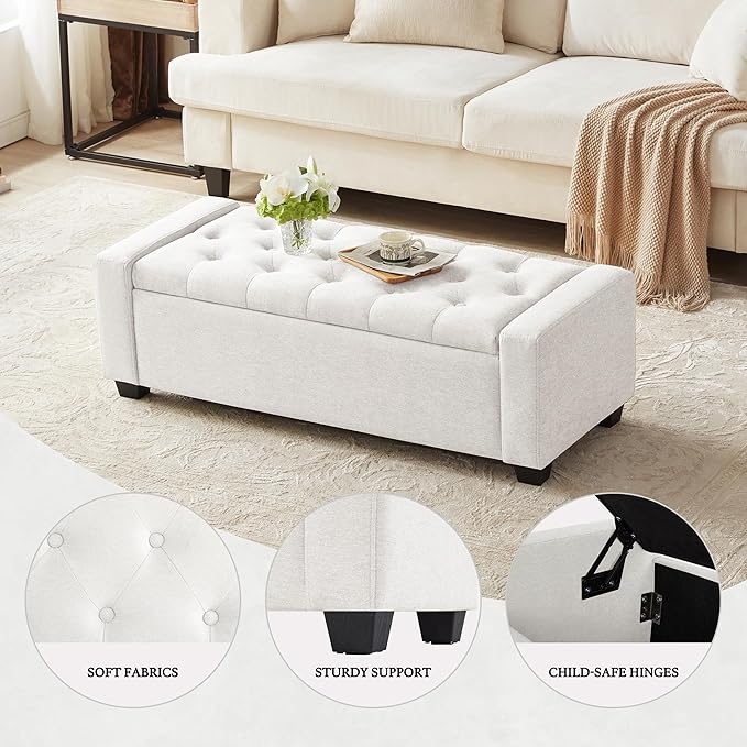 48" Ottoman with Storage, White Storage Ottoman Bench with Safety Hinge, Upholstered Entryway Bench with Seating for Bedroom, Living Room, Holds up to 330 lb-PawvioPets