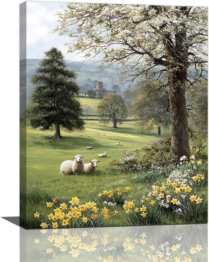Country Sheep Canvas Wall Decor Farmhouse Rustic Lamb Wildflower Wall Art Nature Countryside Landscape Pictures Painting Print Framed Artwork Decorations for Bathroom Living Room Bedroom 16"x20"-PawvioPets