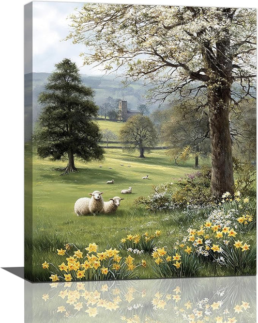 Country Sheep Canvas Wall Decor Farmhouse Rustic Lamb Wildflower Wall Art Nature Countryside Landscape Pictures Painting Print Framed Artwork Decorations for Bathroom Living Room Bedroom 16"x20"-PawvioPets