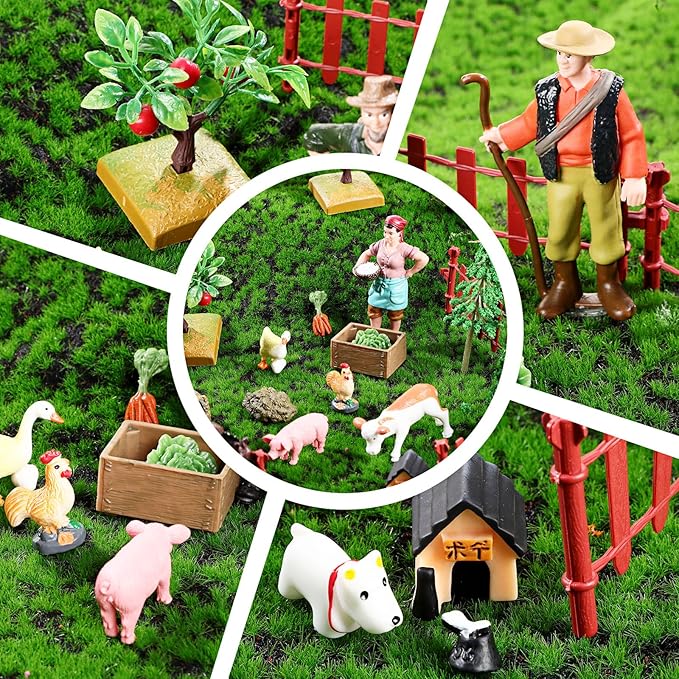 27 Pcs Farm Toys Set, 3 Little Farmer Figurines 9 Plastic Animals Figurines 10 Feed Food Fence Playset 4 Model Trees 1 Moss Mat Animal Farm Toys for Educational School Project Gift-PawvioPets