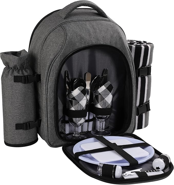 apollo walker Picnic Backpack Bag for 2 Person with Cooler Compartment, Detachable Bottle/Wine Holder, Fleece Blanket, Plates and Cutlery Set (2Person,Grey)-PawvioPets