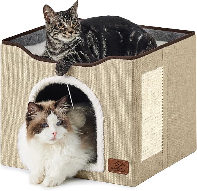 Bedsure Cat Beds for Indoor Cats - Large Cat Cave for Pet Cat House with Fluffy Ball Hanging and Scratch Pad, Foldable Cat Hideaway, 16.5x16.5x13 inches, Brown-PawvioPets