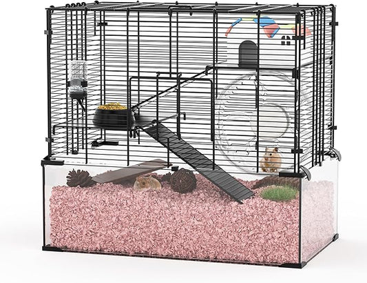 3-Tier Glass Hamster Tank, Large Hamster Cage Habitat with 11inch Big Running Wheel for Rat, Mouse, Gerbil, Syrian Hamster, 370 SQ INCHES-PawvioPets
