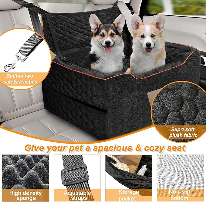 Dog Car Seat for Medium/Large Dogs, Washable Dog Booster Seat Under 60 lbs or 2 Small Dogs, Multi-Functional Pet Car Seat with Thick Cushion, 2 Safety Leashes (Black)-PawvioPets