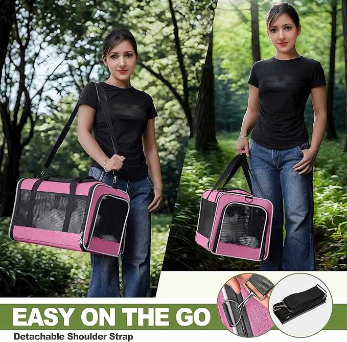 Cat Carrier 18x11x11 Delta Airline Approved, Easy Load Soft Pet Plane Travel Bag 15 pounds, Teacup Dog Crate 12 lbs, Yorkie Kennel Carrying Case, Kitten Toy Poodle Mesh Cage up to 20lbs Pink-PawvioPets