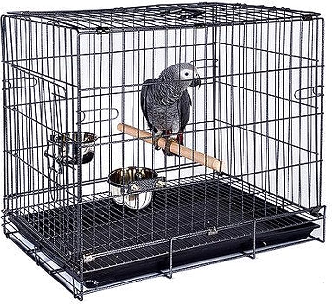 Durable Easy Portable Collapsible Metal Travel or Veterinary Collapsable Parrot Bird Carrier Beaks-Proof Easy Clean Carrier Cage with Stainless Steel Feeder Bowls Natural Wooden Perch-PawvioPets