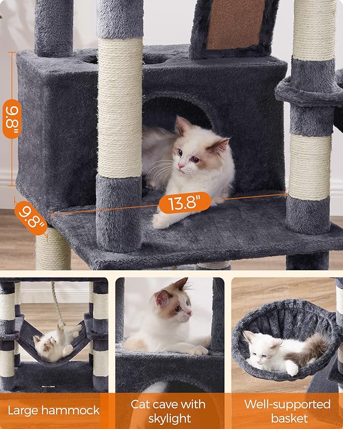 Feandrea Cat Tree, 66.1-Inch Large Cat Tower with 13 Scratching Posts, 2 Perches, 2 Caves, Basket, Hammock, Pompoms, Multi-Level Plush Cat Condo for Indoor Cats, Smoky Gray UPCT165G01-PawvioPets
