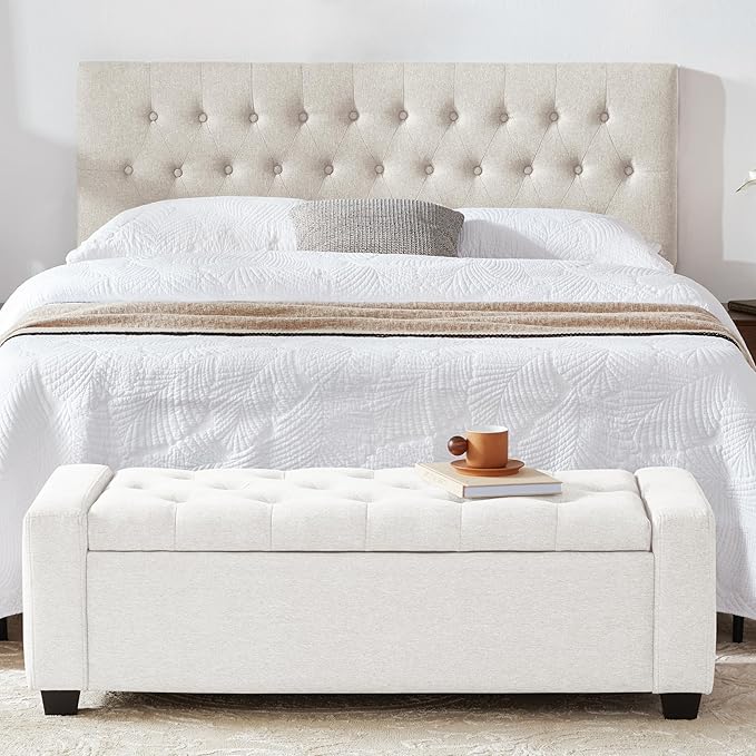 48" Ottoman with Storage, White Storage Ottoman Bench with Safety Hinge, Upholstered Entryway Bench with Seating for Bedroom, Living Room, Holds up to 330 lb-PawvioPets