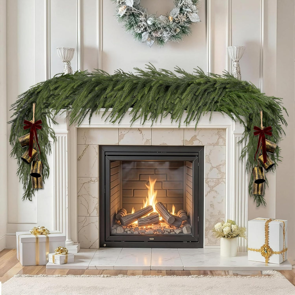 2 Pcs 6FT Christmas Garlands Norfolk Pine Garland - Real Touch Winter Pine Garland, Artificial Norfolk Tree for Indoor Outdoor Holiday Decor, Fireplace Mantel, Door, Porch (Burgundy Bell)