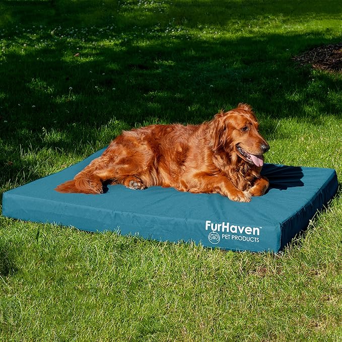Furhaven Water-Resistant Cooling Gel Dog Bed for Large Dogs w/ Removable Washable Cover, For Dogs Up to 95 lbs - Indoor/Outdoor Logo Print Oxford Polycanvas Mattress - Deep Lagoon, Jumbo/XL-PawvioPets