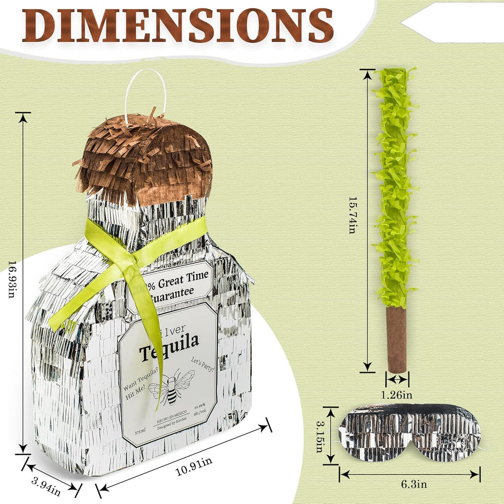 Tequila Bottle Pinata, Silver, Perfect for Birthday Parties, 10.5 x 10.5 x 4 Inches, 5 Pound Capacity, Adult-Party Pinata