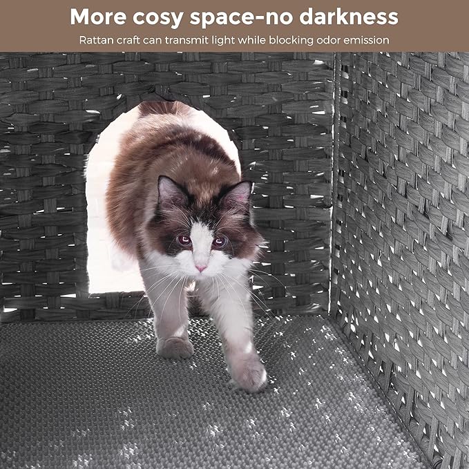 Cat Litter Box Enclosure with Litter Trapping Mat; Handwoven Plastic Rattan Cat House; No Installation Hidden Cat Washroom; Pet Crate for Balcony,Bedroom,Living Room-PawvioPets