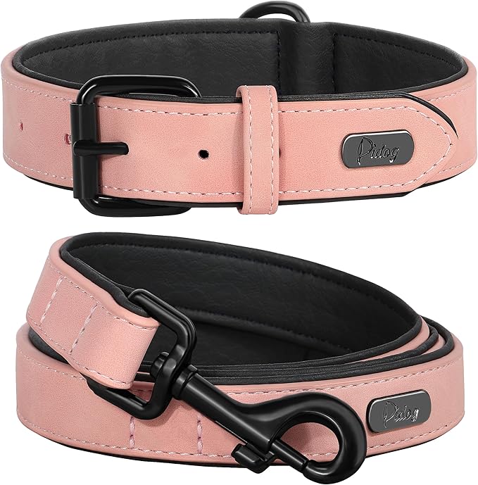 Didog Soft Padded Leather Dog Collar and Leash Set,Pink Breathable Pet Collars with 4FT PU Leather Dog Leash for Small Medium Large Dogs, Pink, M-PawvioPets