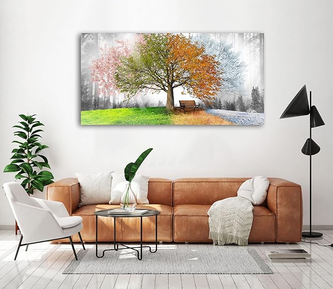 Canvas Prints Wall Art Decor Large Four Seasons Tree Picture 1 Panel Spring Summer Autumn Winter Tree Painting Artwork for Dining Room Kitchen Home Decor Stretched and Framed Ready to Hang-PawvioPets