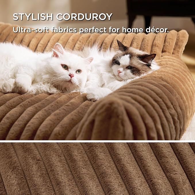 Bedsure Cute Cat Couch for Pets - Fluffy Cat Sofa with Premium Soft Corduroy Fleece, Fuzzy Pet Couch Bed with Removable Washable Cover, Supportive Pet Chair for Indoor Cats, 24inch, Copper Brown-PawvioPets