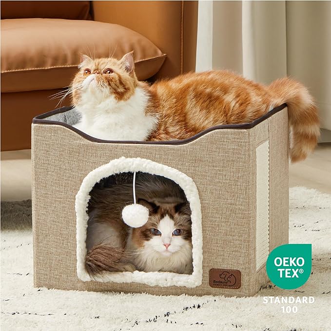 Bedsure Cat Beds for Indoor Cats - Large Cat Cave for Pet Cat House with Fluffy Ball Hanging and Scratch Pad, Foldable Cat Hideaway, 16.5x16.5x13 inches, Brown-PawvioPets