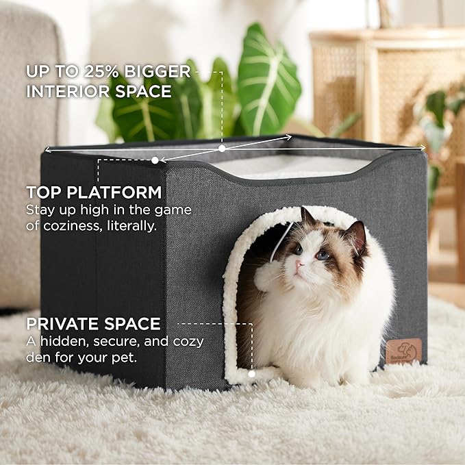 Bedsure Cat Beds for Indoor Cats - Large Cat Cave for Pet Cat House with Fluffy Ball Hanging and Scratch Pad, Foldable Cat Hideaway, 16.5x16.5x13 inches, Dark Grey-PawvioPets